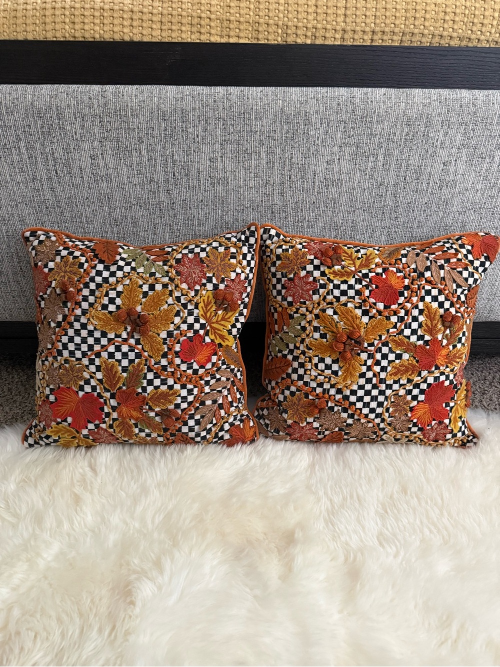 Mackenzie Childs Falling Leaves Courtly Check Pillows